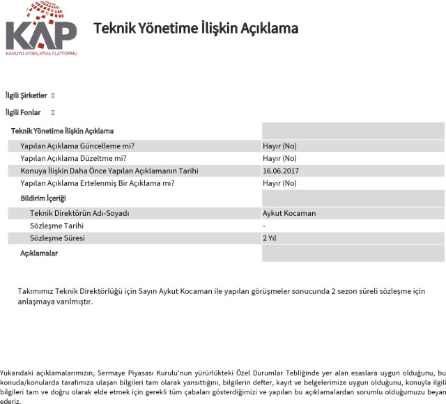 Fenerbahçe, Aykut Kocaman’ı KAP’a bildirdi