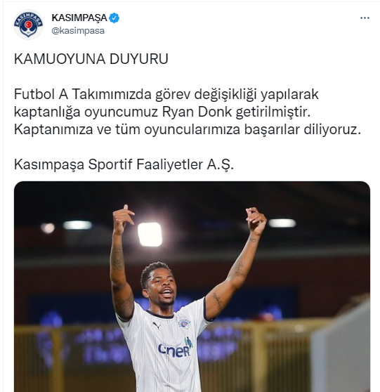 Kasımpaşa'da yeni kaptan Ryan Donk