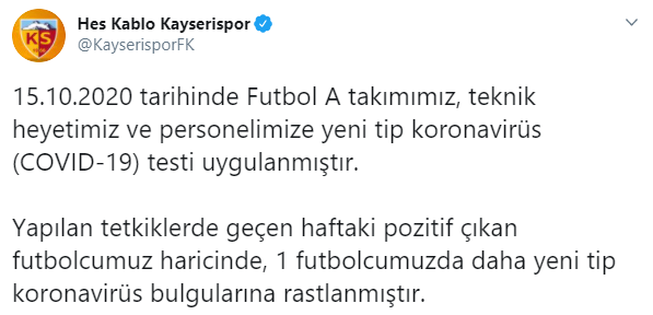 Kayserispor'da 1 pozitif vaka daha
