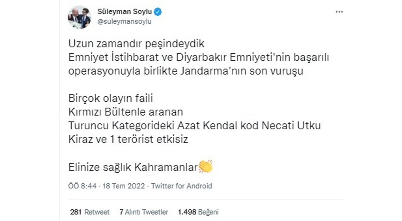 Bakan Soylu 'Uzun zamandır' peşindeydik' diyerek duyurdu! Turuncu kategorideki terörist  etkisiz