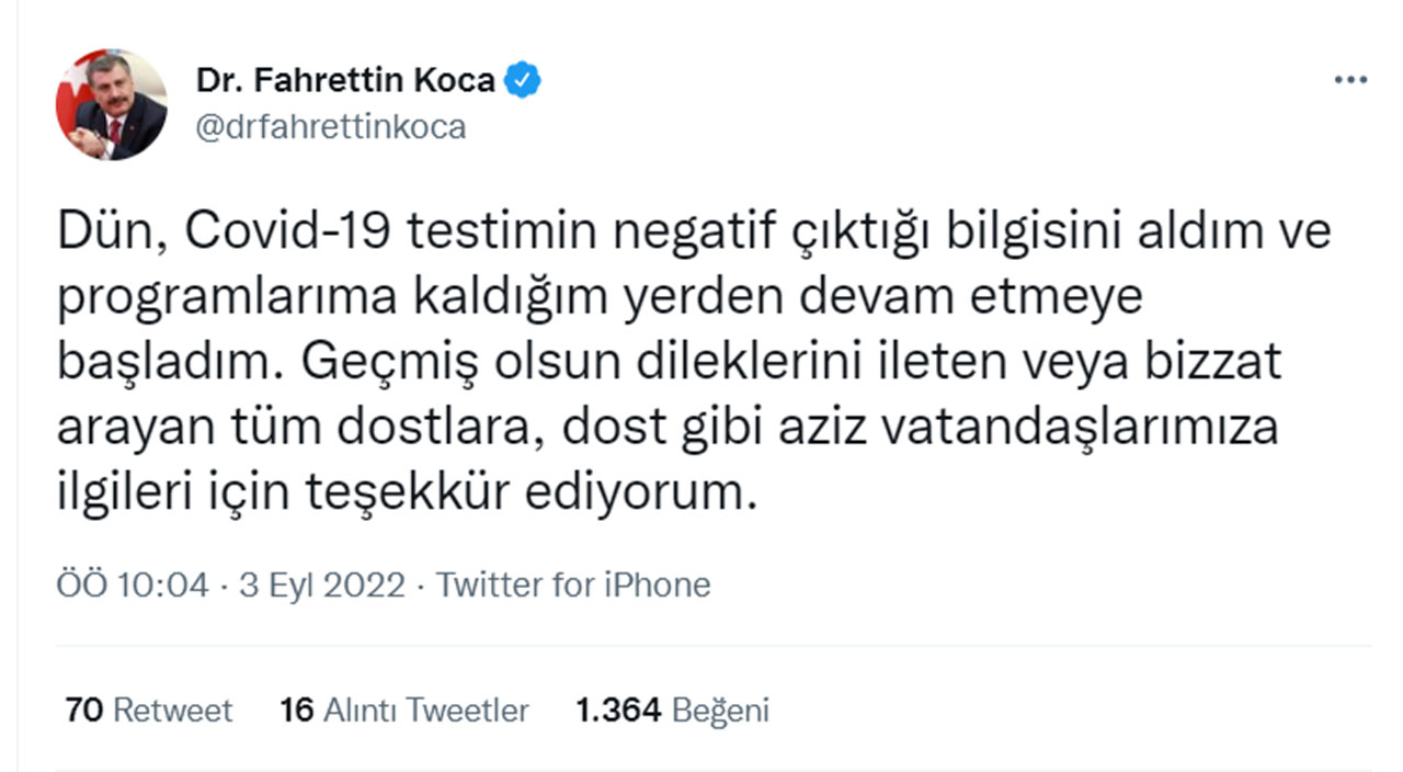 Sağlık Bakanı Fahrettin Koca'nın Covid-19 testi negatife döndü