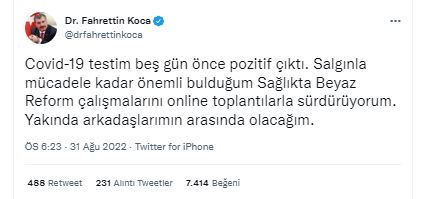 Sağlık Bakanı Koca, koronavirüse yakalandı