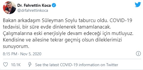Bakan Koca'dan taburcu edilen Soylu ve ailesi için 'geçmiş olsun' mesajı