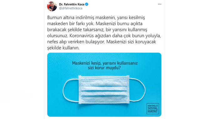 Bakan Koca'dan 'maskenizi sizi koruyacak şekilde kullanın' uyarısı