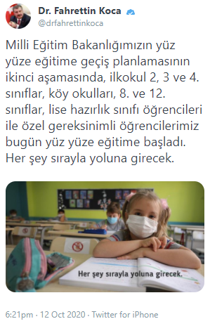 Bakan Koca'dan yüz yüze eğitim paylaşımı