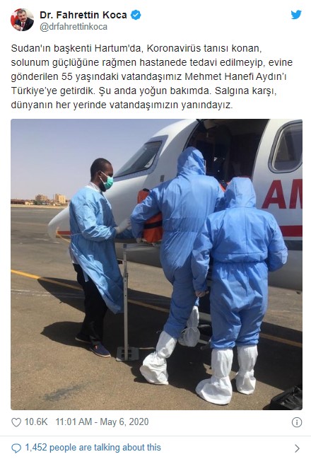 Sudan'da Covid-19 tanısı konulan Türk vatandaşı tedavi için Türkiye'ye getirildi