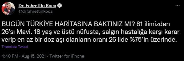 Bakan Koca açıkladı! Mavi il sayısı 26'ya yükseldi