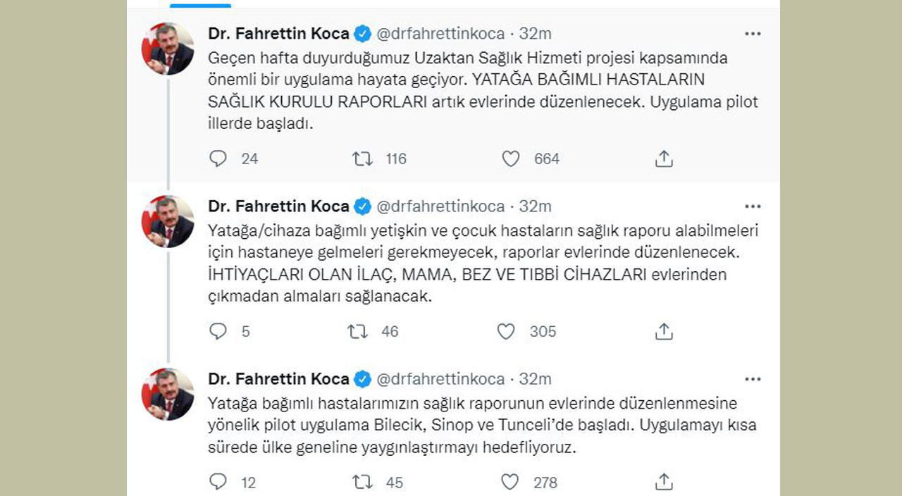 Bakan Koca duyurdu: Yatağa bağımlı hastaya sağlık raporu evinde düzenlenecek Bakan Koca duyurdu: Yatağa bağımlı hastaya sağlık raporu evinde düzenlenecek