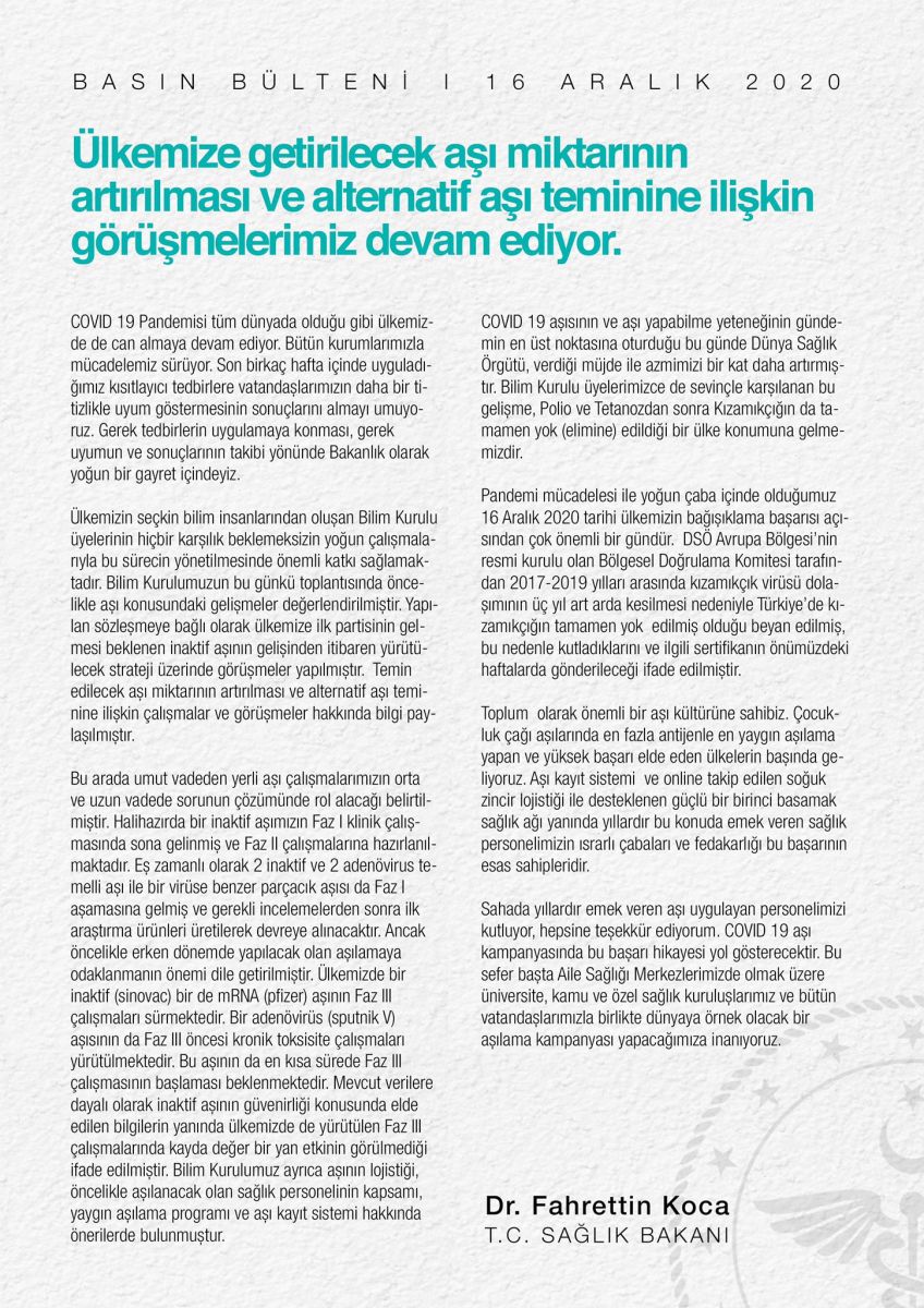 Bilim Kurulu toplantısının ardından Sağlık Bakanı Koca'dan aşı açıklaması