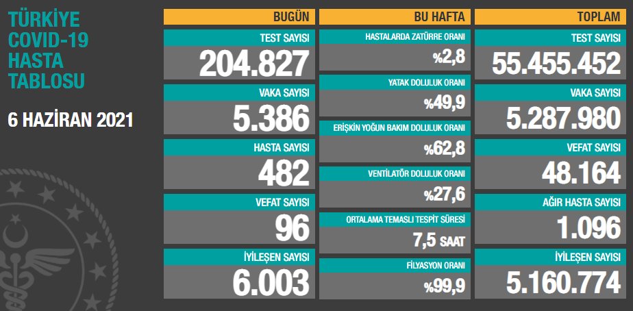6 Haziran 2021 koronavirüs tablosu