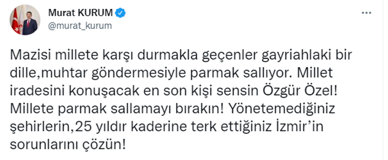 Bakan Kurum'dan CHP'li Özgür Özel'e cevap: Millete parmak sallamayı bırakın Bakan Kurum'dan CHP'li Özgür Özel'e cevap: Millete parmak sallamayı bırakın