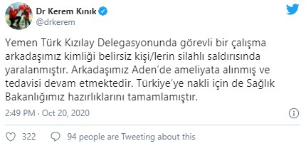 Türk Kızılay personeli Yemen'de silahlı saldırıda yaralandı