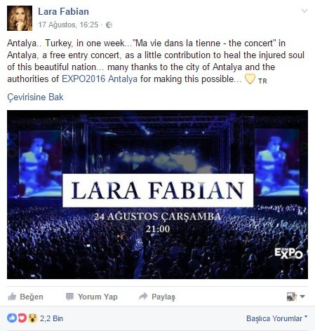 Türkiye'nin demokrasi mücadelesine bir destek de Lara Fabian'dan