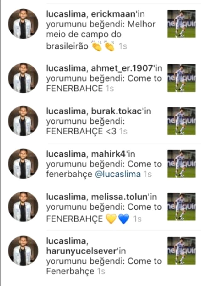 Lucas Lima, "Come to Fenerbahçe" yorumlarını tek tek beğendi Lucas Lima, "Come to Fenerbahçe" yorumlarını tek tek beğendi