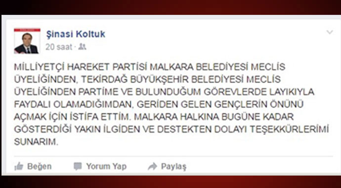 MHP'li Şinasi Koltuk partiden ve meclis üyeliğinden istifa etti