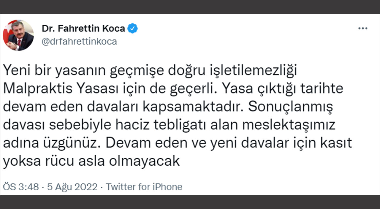 Bakan Koca’dan Malpraktis Yasası’na ilişkin açıklama: Sonuçlanmış davaları kapsamıyor