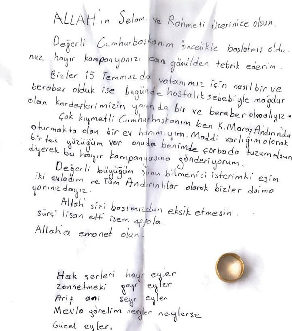 Erdoğan, yüzüğüyle Milli Dayanışma Kampanyası'na destek veren vatandaşla görüştü