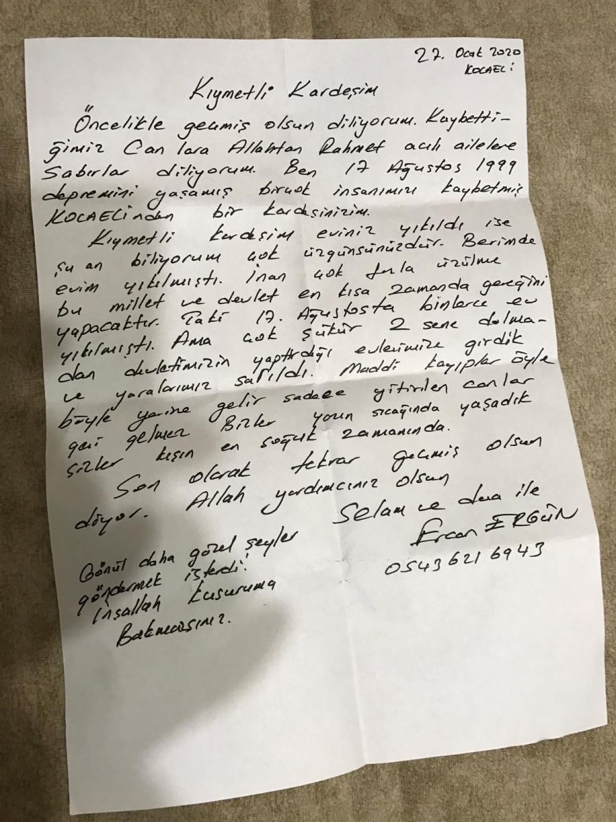 Depremzedenin, depremi yaşayan Elazığ'a gönderdiği mektup duygulandırdı