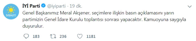 Meral Akşener, Genel İdare Kurulu toplantısının ardından seçimlerle ilgili açıklama yapacak