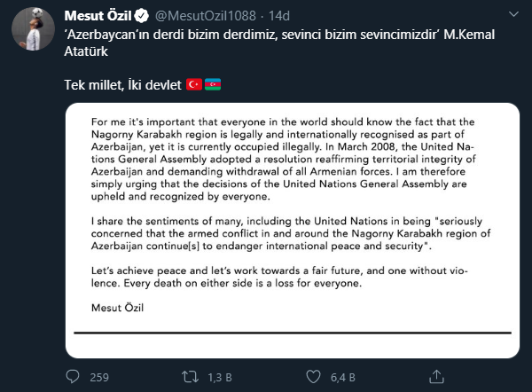 Mesut Özil'den Azerbaycan'a destek paylaşımı