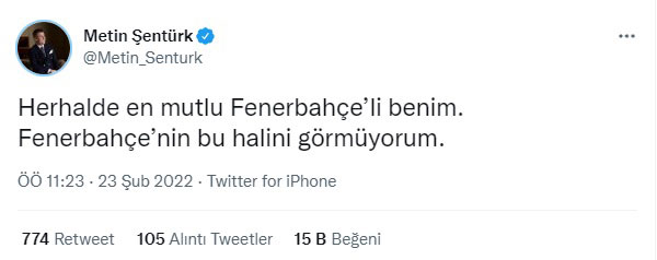 Metin Şentürk'ten 'ironi' kokan yorum: En mutlu Fenerbahçeli benim