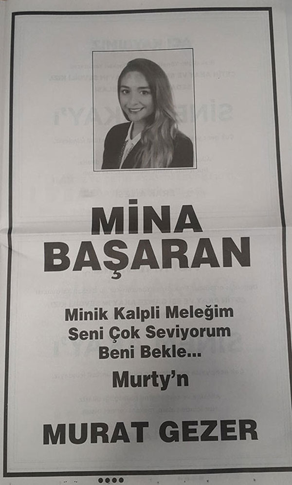 Mina Başaran'ın nişanlısı Murat Gezer gazeteye bu ilanı verdi