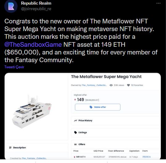 Metaverse evreninde rekor! Dijital yat 650 bin dolara satıldı