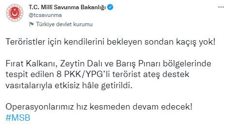 Suriye'nin kuzeyinde 8 terörist etkisiz hale getirildi Suriye'nin kuzeyinde 8 terörist etkisiz hale getirildi