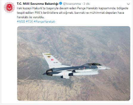 Bakanlıktan Pençe Harekâtı açıklaması: Hedefler vuruldu