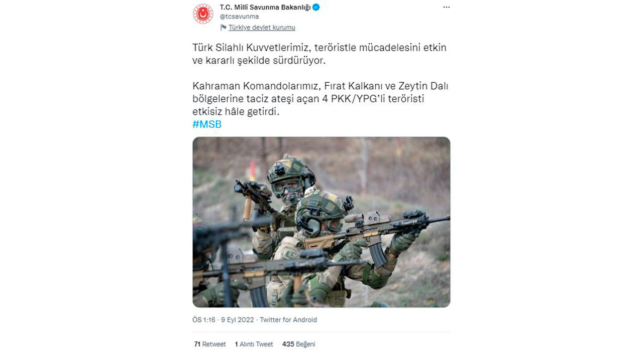 Fırat Kalkanı ve Zeytin Dalı bölgelerinde 4 terörist etkisiz hale getirildi