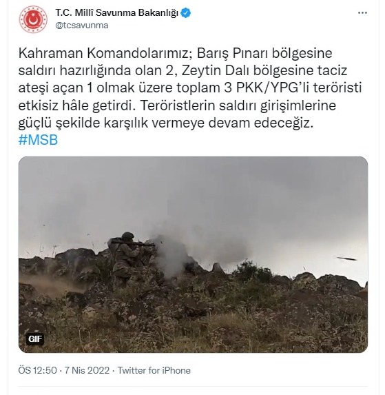 MSB: 3 PKK'lı etkisiz hale getirildi