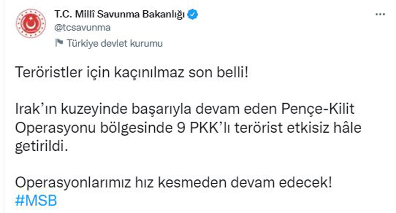 Teröristler için kaçınılmaz son! MSB duyurdu: 9 PKK'lı etkisiz hale getirildi