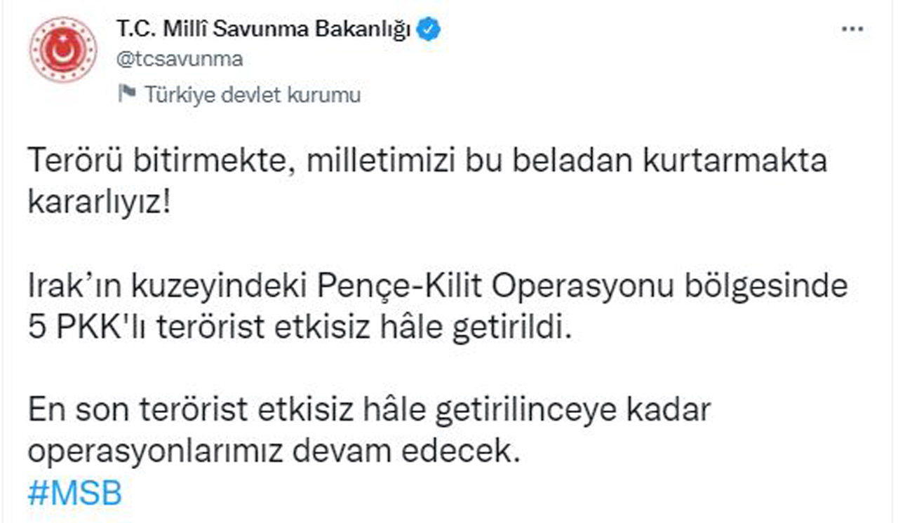 MSB duyurdu: Pençe-Kilit bölgesinde 5 terörist etkisiz hale getirildi