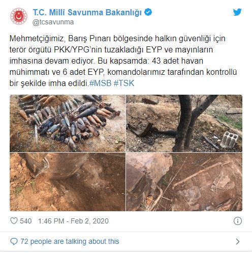 Barış Pınarı Harekatı bölgesinde teröristlerce tuzaklanan patlayıcılar imha edildi
