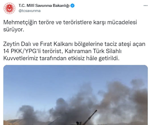 MSB: Taciz ateşi açan 14 terörist etkisiz hale getirildi MSB: Taciz ateşi açan 14 terörist etkisiz hale getirildi