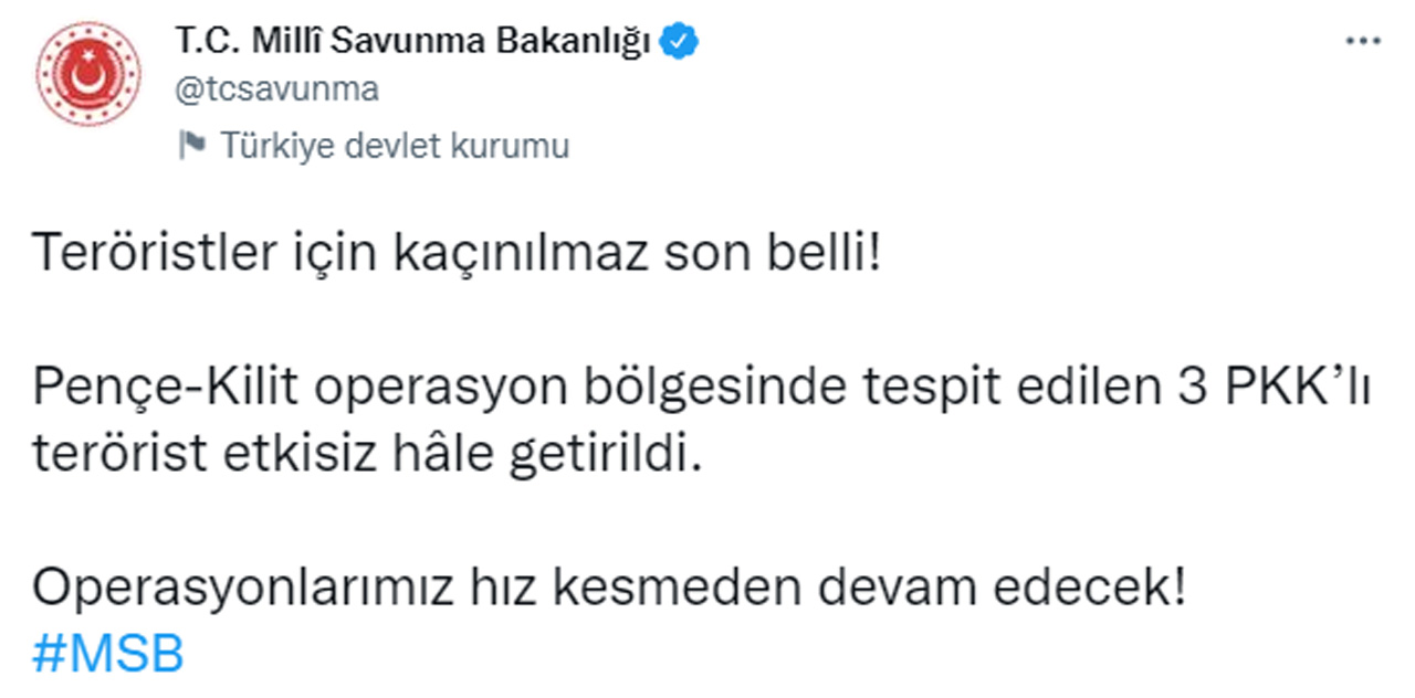 MSB açıkladı: Pençe-Kilit bölgesinde 3 terörist etkisiz hale getirildi