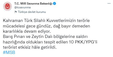 Son dakika! MSB duyurdu: 10 terörist etkisiz hale getirildi Son dakika! MSB duyurdu: 10 terörist etkisiz hale getirildi