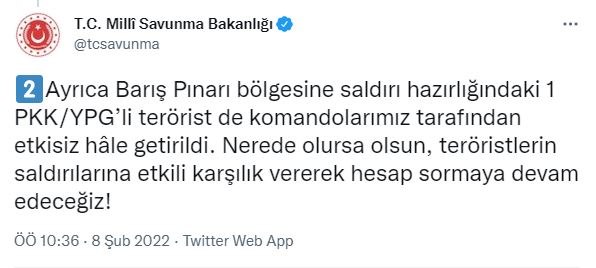 MSB duyurdu: En az 5 PKK'lı etkisiz hale getirildi