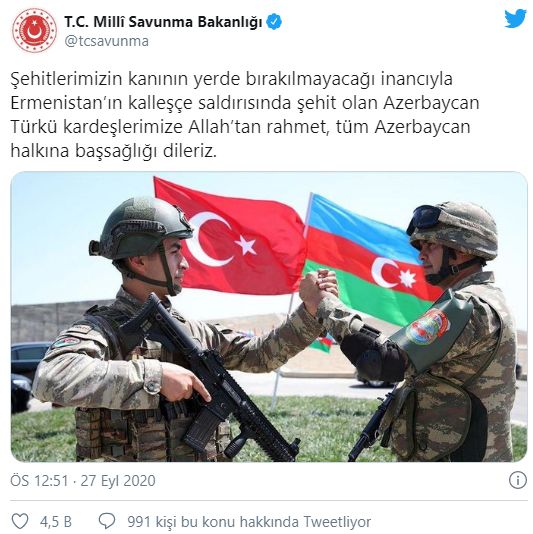 Milli Savunma Bakanlığından Azerbaycan'a başsağlığı mesajı