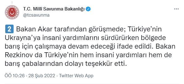 Hulusi Akar, Ukraynalı mevkidaşı ile görüştü