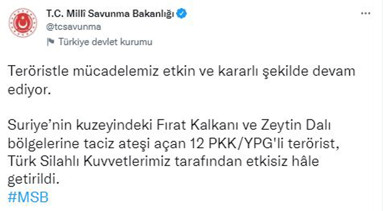 MSB duyurdu: 12 terörist etkisiz hale getirildi MSB duyurdu: 12 terörist etkisiz hale getirildi
