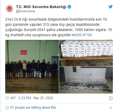 MSB: Son 10 günde yasa dışı geçiş teşebbüsünde bulunan 3 bin 541 şahıs yakalandı