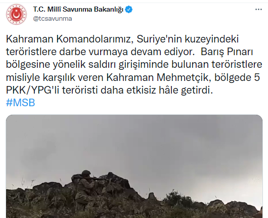 Barış Pınarı bölgesinde 5 terörist etkisiz hale getirildi