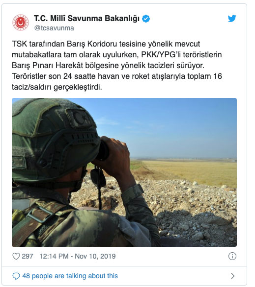 MSB: PKK/YPG'li teröristler Barış Pınarı Harekat bölgesine 24 saatte 16 saldırı gerçekleştirdi