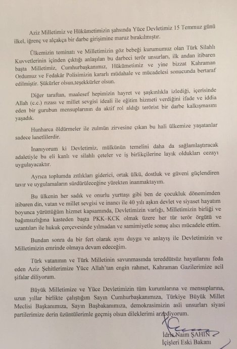 İdris Naim Şahin FETÖ'yü anmadan darbeyi kınadı