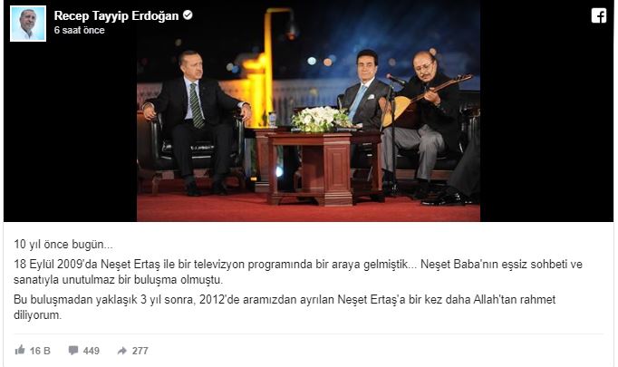 Cumhurbaşkanı Erdoğan'dan 'Neşet Ertaş' paylaşımı