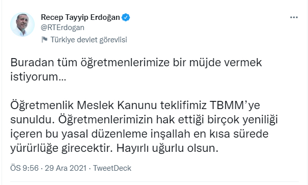 Cumhurbaşkanı Erdoğan'dan öğretmenlere müjde