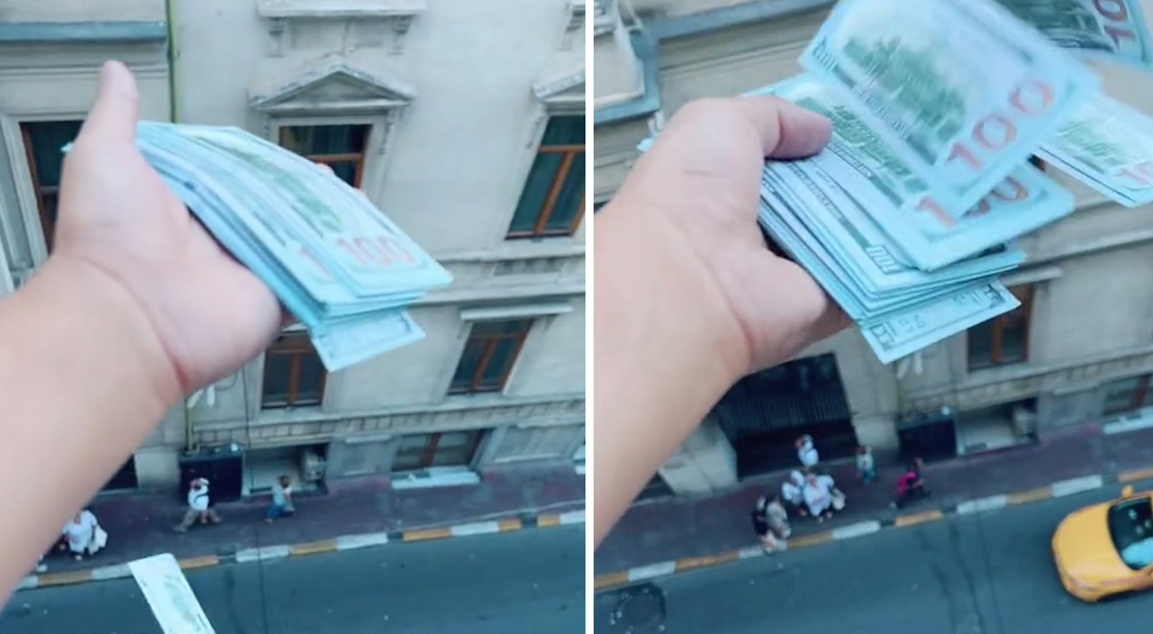 Otel penceresinden tomar tomar dolar saçıp sosyal medyada paylaşan kişi yakalandı