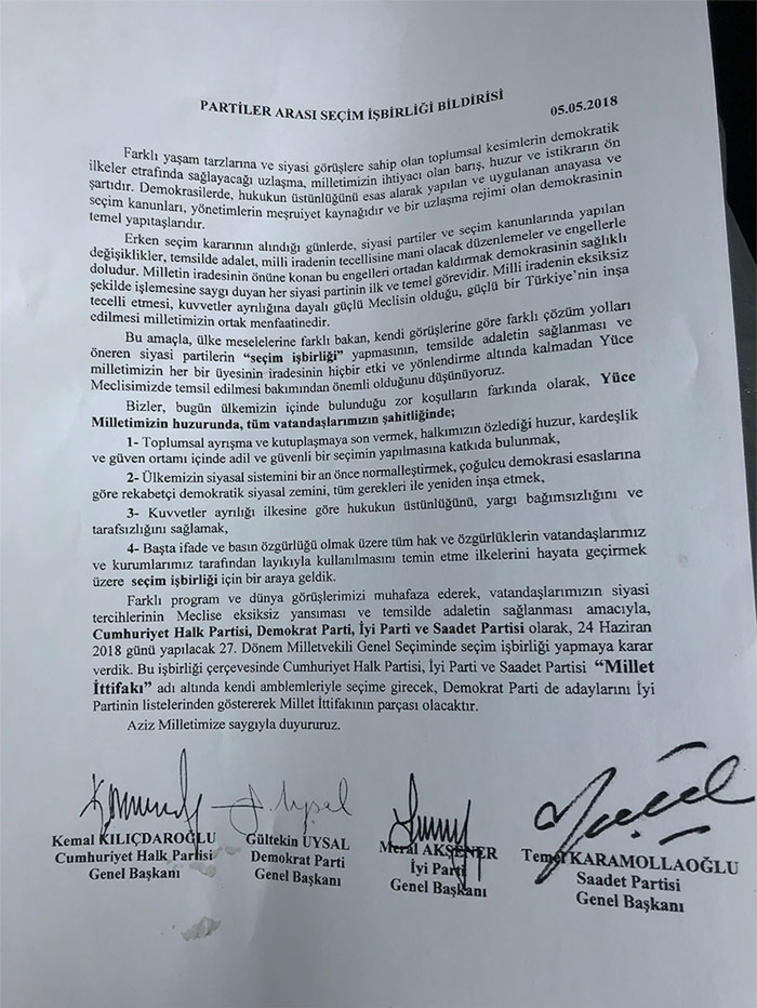 İşte 4 parti liderinin imzaladığı protokol