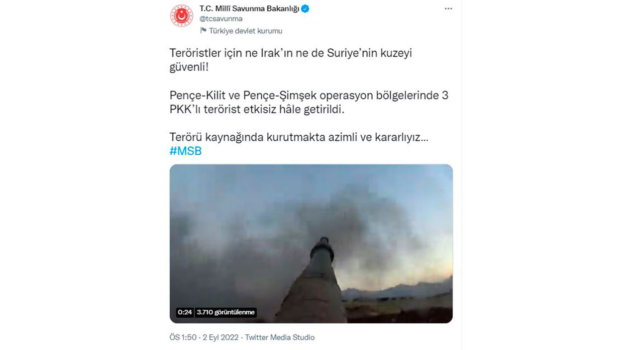 Pençe-Kilit ve Pençe-Şimşek bölgelerinde 3 terörist etkisiz hale getirildi